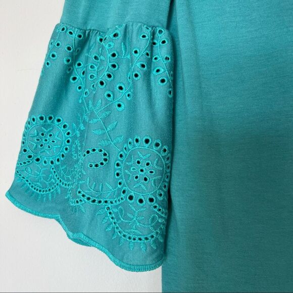 Time & Tru Bell Eyelet Crocheted Sleeve Kelly Green Boho Cottagecore Blouse SZ S - Picture 4 of 9